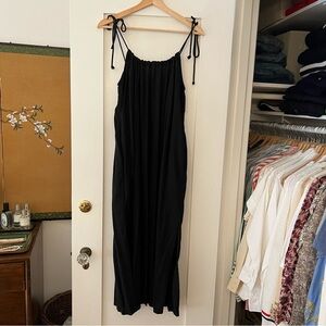 Mango Relaxed Black Linen Midi Dress with Tie Straps & Pockets, Sz Small